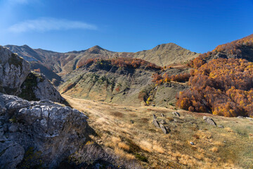 Panorama of the Karanfil, Grebaje area, Valusnica peak, autumn colors, beautiful sunny day. Prokletije (Dinaric mountains) - cursed mountains. Montenegro, Balkans.