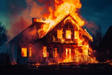 Obraz premium A two-story residential house engulfed in flames with smoke rising against a dark evening sky. The building is on fire.