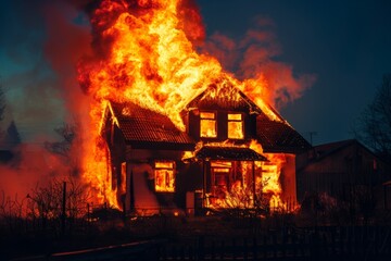 A two-story residential house engulfed in flames with smoke rising against a dark evening sky. The building is on fire.
