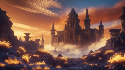 Naklejka premium Beautiful ancient building on an alien planet with red sunset