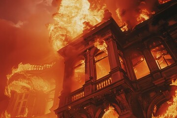 Burning historic building with flames engulfing windows and architecture. The building on fire.