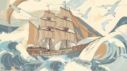 Vintage Sailing Ship Navigating Turbulent Seas: A Majestic Artistic Illustration