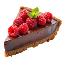 delicious slice of chocolate pie with raspberries on transparent background