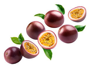 falling Passion fruit isolated on white background, cutout 