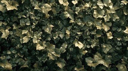 Dense Green Ivy Leaves Background with Texture and Shadows