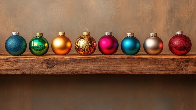 Eight colorful ornaments rest on a rustic wooden shelf against a brown background.  A festive and classic Christmas image.