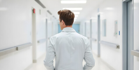 A doctor wearing a clean white coat with neatly styled hair standing confidently in a modern hospital corridor