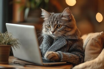 sophisticated business cat in designer suit working on laptop at modern coffee shop professional feline executive concept art