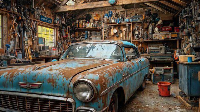 Vintage car surrounded by tools and decorations in a nostalgic garage setting. Concept of classic automobiles and restoration. High quality 4k footage