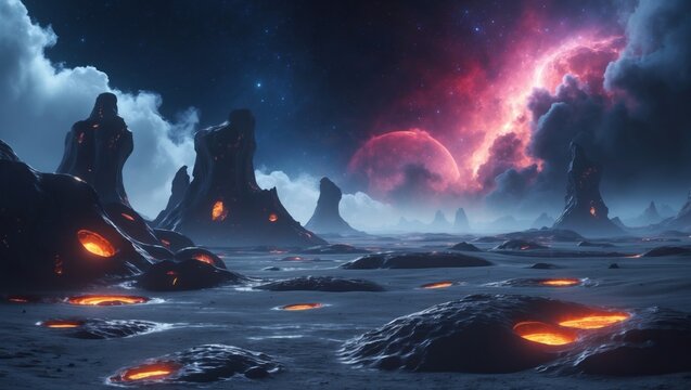 Beautiful abstract and neon alien mountain landscape