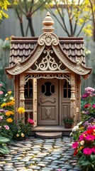 An adorable intricately crafted vintage wooden dog house.