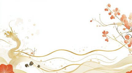 Golden Dragon and Blossom: A delicate and intricate watercolor painting of a golden dragon rising from swirling waves, adorned with vibrant pink blossoms.