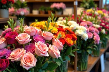 Many bouquets of flowers standing in a row in a flower shop. Women's Day.