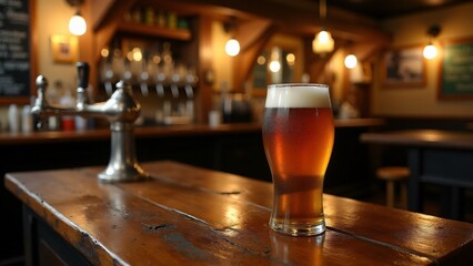 A classic pint of beer in a traditional English pub, surrounded by rustic charm and vintage decor, evoking the cozy and timeless atmosphere of a National Beer Day celebration.
