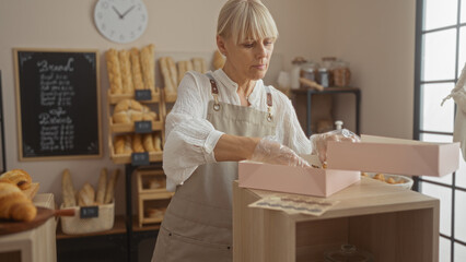 Mature woman preparing a box of sweets in a bakery shop interior, surrounded by bread shelves and a chalkboard menu.