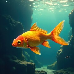 Fototapeta premium Golden scales glisten in sunlight as orange fish swims gracefully in the water, its long tail flowing behind , golden fish, wildlife, swimming