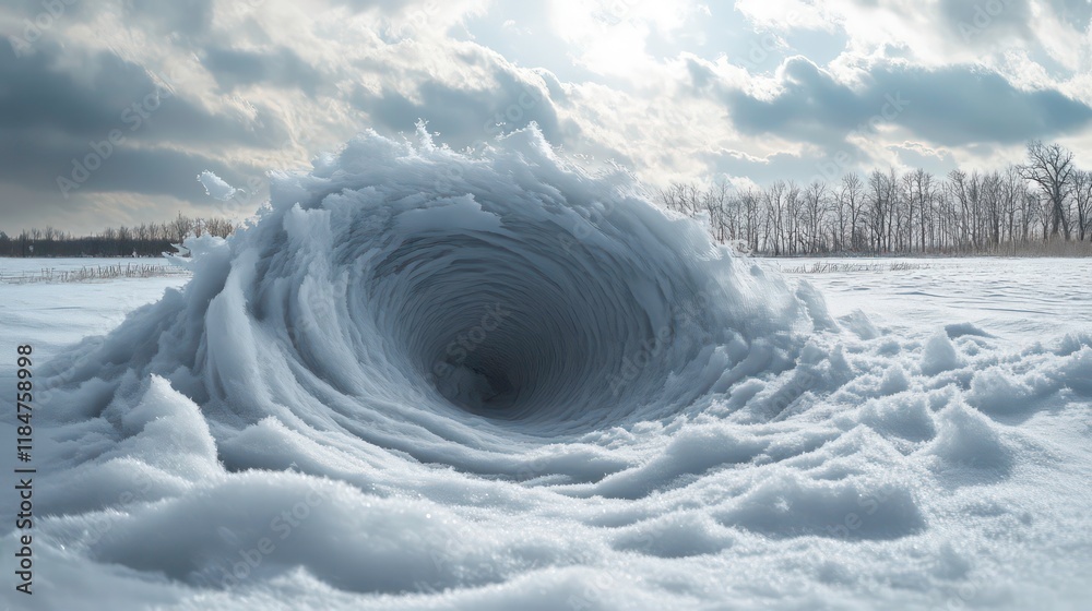 Aufkleber a swirling snow formation resembling a vortex in a snowy field under a dramatic sky.