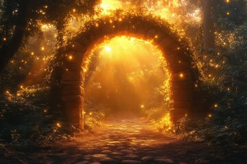 spiritual journey pathway through mystical golden light with ancient stone archway leading to heavenly clouds and divine illumination