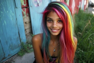 Commercial ad conceptual art. Pretty happy mixed-race girl - for ads, print and internet use. Long trim - multicolored hair. Colored hair models inspiration. African beauty hair styles.