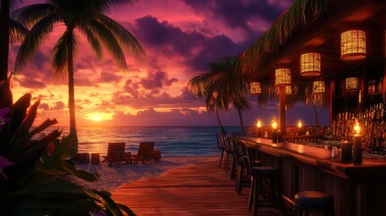 Fototapeta premium Tropical beach bar at sunset with tiki torches and ocean views 