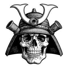 Skull Head Wearing Samurai Helmet Detailed Black and White Outline Line Art Drawing