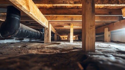 Dark crawl space; wooden beams, pipes, dirt floor.