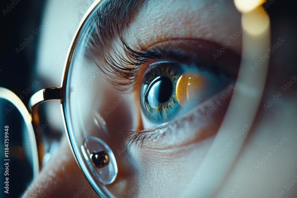 Poster close up view of a female eye wearing glasses for vision correction highlighting the intricate detai
