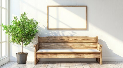 Cozy Living Space with Wooden Bench and Potted Plant under Sunlight