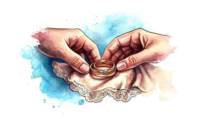 Two hands delicately hold wedding rings on a lace cloth, symbolizing love, commitment, and the beginning of a journey together.