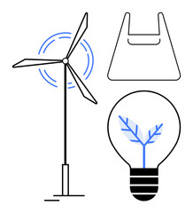 Wind turbine with spinning blades, a recycled shopping bag, and a light bulb with a leaf inside. Ideal for sustainability, renewable energy, recycling, innovation, green living, eco-friendliness