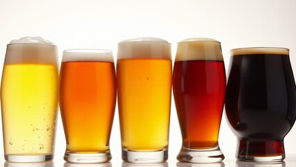 A lineup of beer glasses showcasing a spectrum of beer colors, from pale to dark, capturing the diverse range of flavors and textures for National Beer Day.