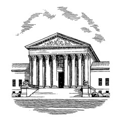 Supreme Court Building Front View with Detailed Black and White Outline Line Art Drawing