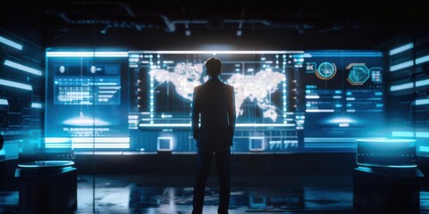 A person stands before a futuristic digital interface displaying global data and analytics.