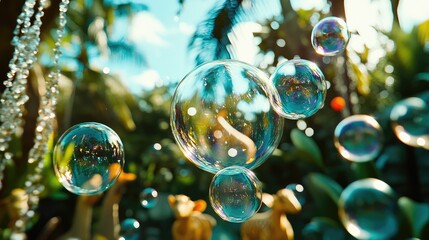 Vibrant floating bubbles shaped like animals in a tropical paradise, playful and exotic, colorful bubbles, wildlife dream