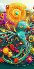 Fototapeta premium Embroidered art scene featuring a bird, sun, flowers, and dragonfly.