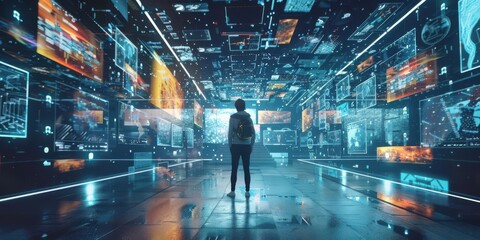 Fototapeta premium A person stands in a futuristic digital space filled with vibrant screens and holographic displays.