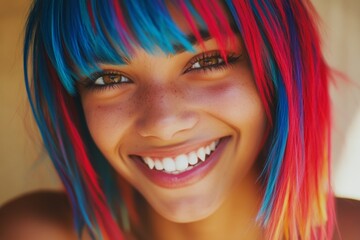Obraz premium Commercial ad idea. Lovely happy mixed-race girl - for ads, magazine ad and internet marketing use. Short coiffure - multicolored hair. Glam beauty campaigns. Vibrant model ads. Stunning mode.