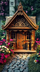 An adorable intricately crafted vintage wooden dog house.
