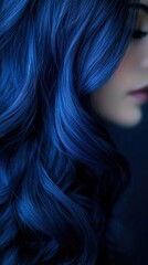 A close-up of deep blue wavy hair with rich texture and natural shine in soft lighting
