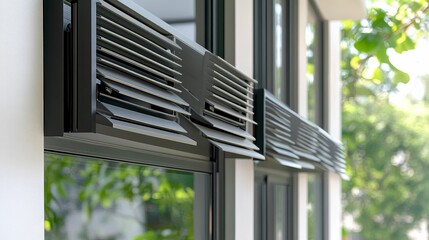Fototapeta premium Black window vents, slatted, modern building exterior.
