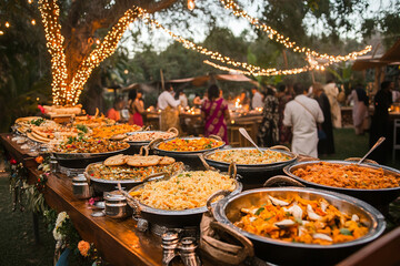 Indian cuisine buffet with vibrant dishes under string lights at an outdoor summer event