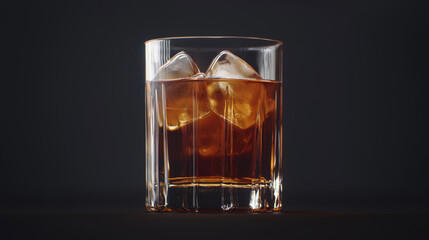 Whiskey rocks glass, amber liquid, ice cubes.
