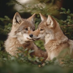 Naklejka premium Cuddling coyotes natural habitat wildlife forest environment close-up perspective loving gazes in the wild