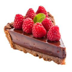 delicious slice of chocolate pie with raspberries on transparent background