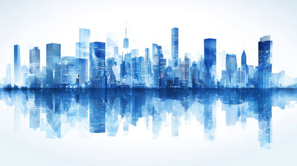 Obraz premium Blue city skyline reflected in water, urban dreamscape.