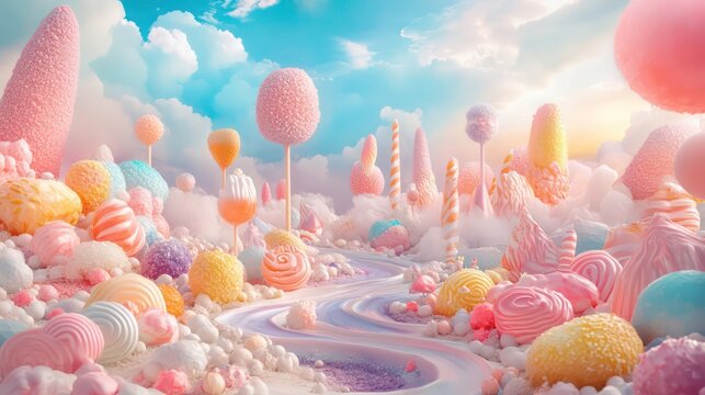 Whimsical candy landscape with pastel colors, swirling river, and fluffy clouds. - Powered by Adobe