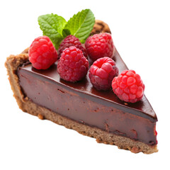 delicious slice of chocolate pie with raspberries on transparent background