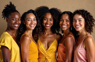 Fototapeta premium Portrait of five smiling women with different skin colors on a plain background. Women's Day.