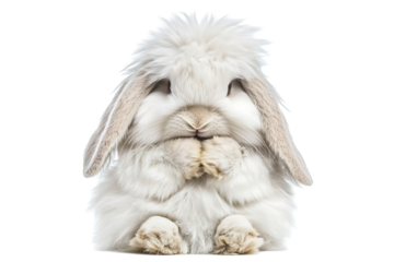Fluffy white rabbit sitting calmly, featuring large ears and beautiful fur, displaying a cute and playful demeanor. Isolated on transparent white background, png	