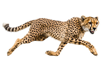 A majestic cheetah in mid-run, showcasing its remarkable speed and agility. Isolated on transparent white background, png	